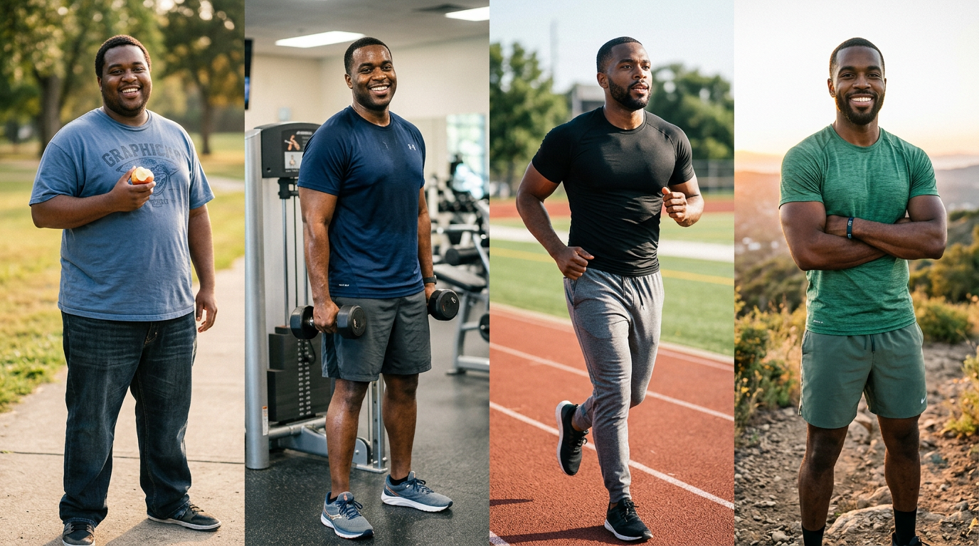 Four-panel collage of a man progressing from casual outdoor life to gym training, running, and hiking